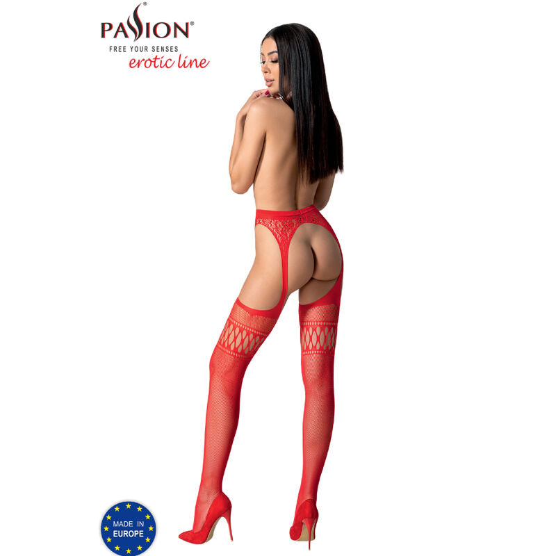 Passion Woman Garter &amp; Stock - Red Strip Panty With Elegant Print, One Size