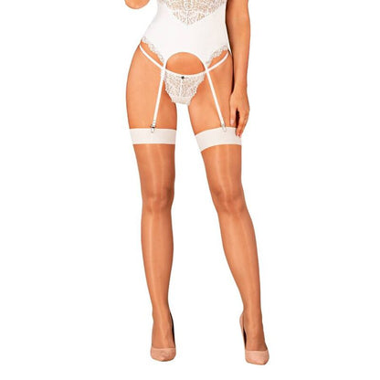 Obsessive Garter &amp; Stockings - S814 Stockings with Beige Mesh and White Details, Comfortable Material (94% Polyamide, 6% Elastane), Size S/M