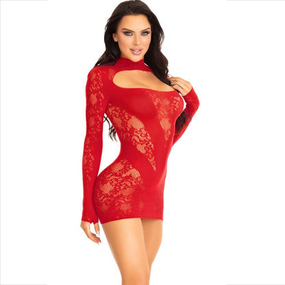 Leg Avenue Dresses - Red Lace Long Sleeve Mini Dress