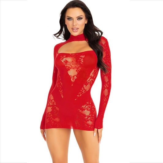 Leg Avenue Dresses - Red Lace Long Sleeve Mini Dress