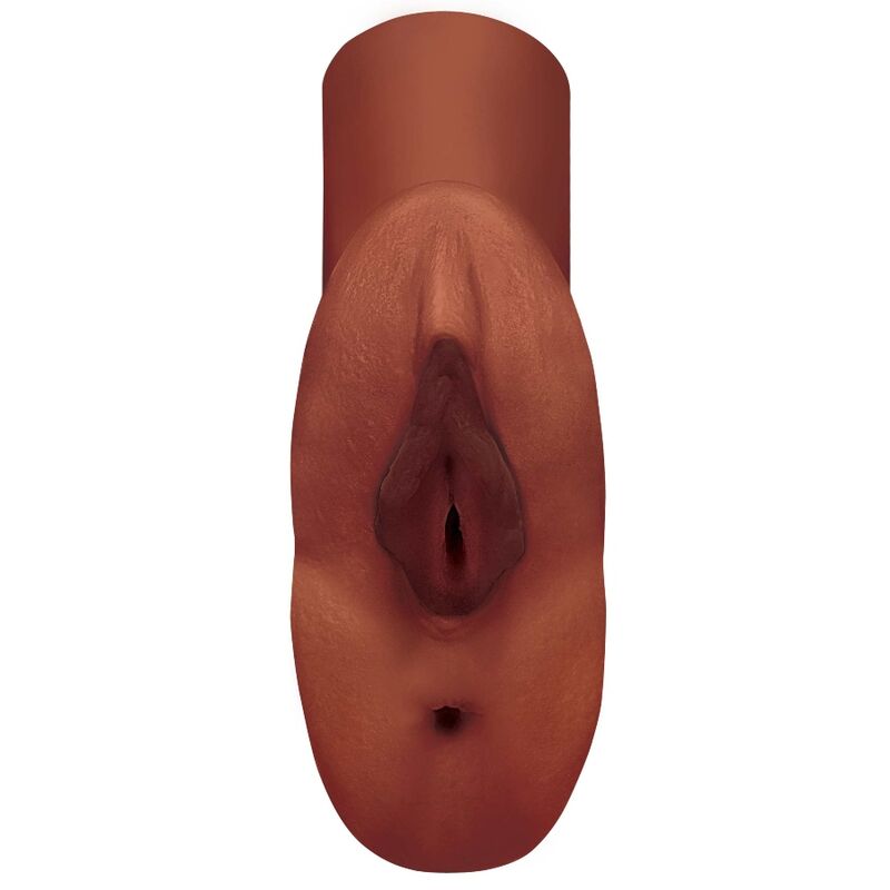 Pdx Plus+ Perfect Pussy Double Stroker - Brown, Dimensions: 14.2 x 4.6 cm, Inner Diameter: 7.6 cm, Insertion Length: Vagina - 11.4 cm, Anal - 10.2 cm, Material: Fanta Flesh