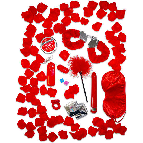 Toyjoy - Red Romance Gift Set with Spouses, Vibrator, Bullet Vibrator, Vibrator Ring, Massage Candle, Rose Petals, Lubricant, Extra Soft Powder, and 4ml Lubricant.