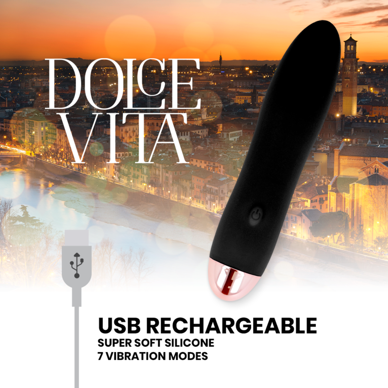 Dolce Vita - Four Black Rechargeable Vibrator with 7 Speeds, Soft Silicone, 13 cm Length