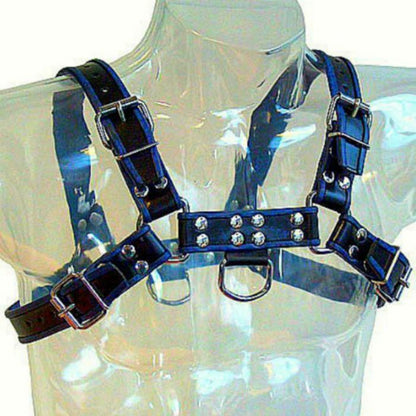 Leather Body - Chest Bulldog Leather Harness Black/Blue, One Size