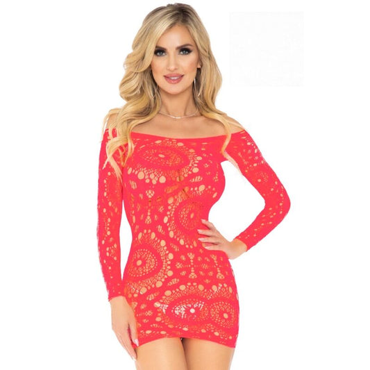 Leg Avenue Dresses- Croșetat Dantelă Cu Mânecă Lungă Rochie Mini Coral O Dimensiune