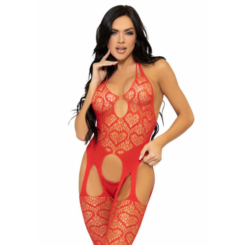 Leg Avenue Bodystockings - Suspender Net Leg Bodystocking, Red