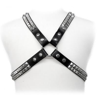 Leather Body - Leather Body Harness with Studs and Pyramid for Men (S/XL) in BDSM Style