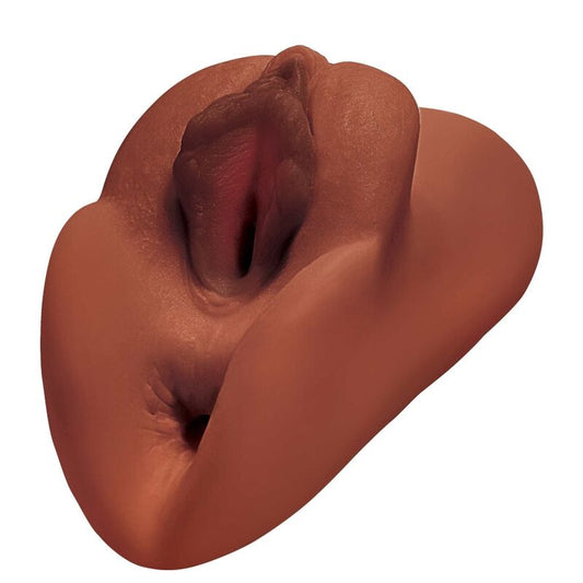 Pdx Plus+ Perfect Pussy Double Stroker - Brown, Dimensions: 14.2 x 4.6 cm, Inner Diameter: 7.6 cm, Insertion Length: Vagina - 11.4 cm, Anal - 10.2 cm, Material: Fanta Flesh