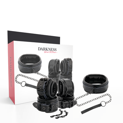 Darkness Bondage - Black Leather Handcuffs and Collar, Full Set, Adjustable