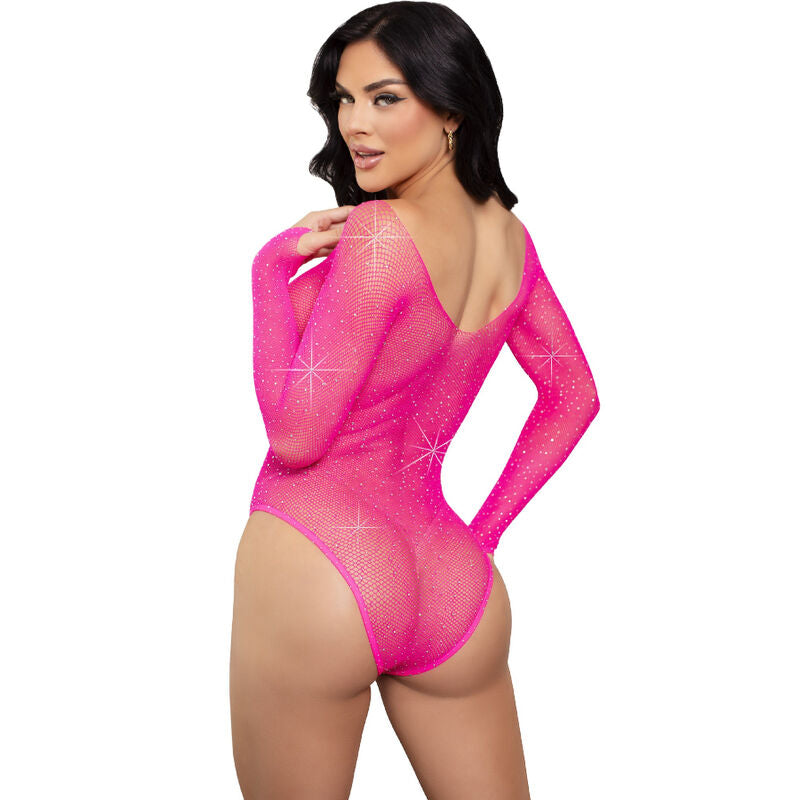 Leg Avenue Teddies- Body Cu Mânecă Lungă Fucsia Cu Cristale