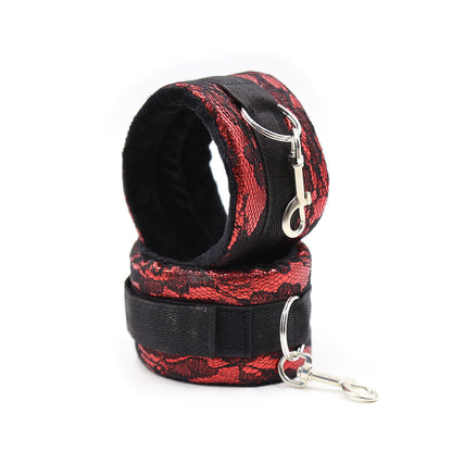 Ohmama Fetish - Velvet Handcuffs with Nylon Band, Color Red and Black, Material 70% Polyester / 10% Iron / 20% PVC, One Size, Adjustable