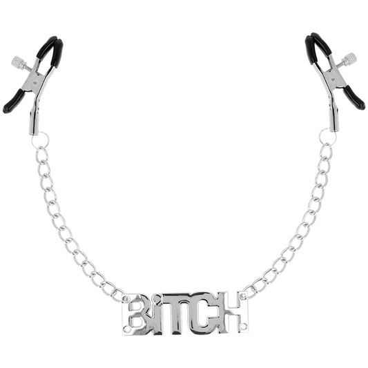 Ohmama Fetish Nipple Clamps With Chains - Bitch, Silver Metal BDSM Accessories