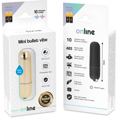 Online Mini Gold - Mini Bullet Vibrator with 10 Vibration Modes, Waterproof, Body Safe Material