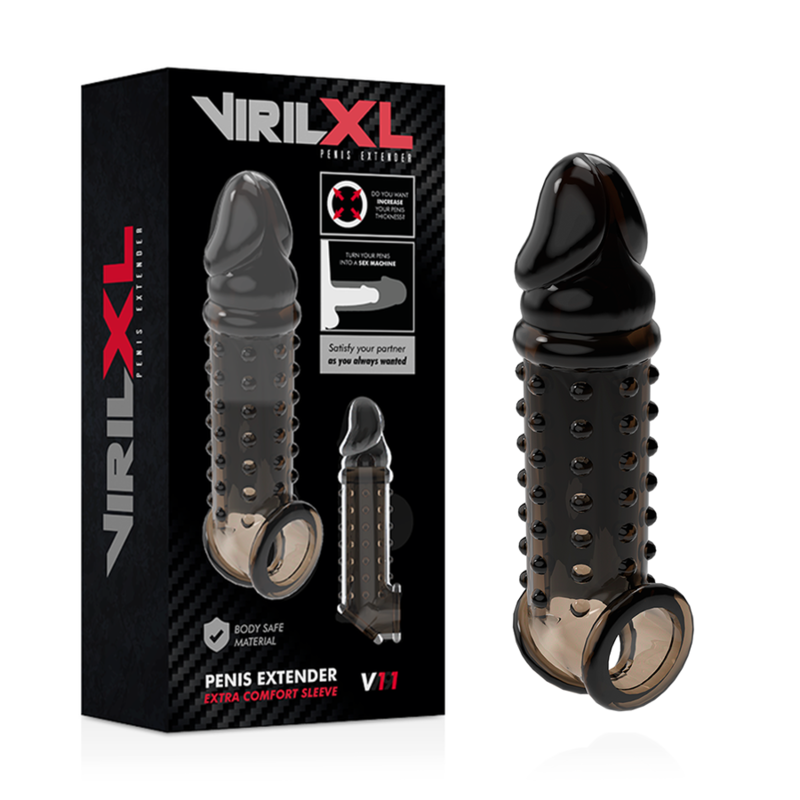 VirilXL - V11 Black Penis Extender and Sheath, 13.5cm Extra Length, 33% Added Width, Textured, Extends Ejaculation