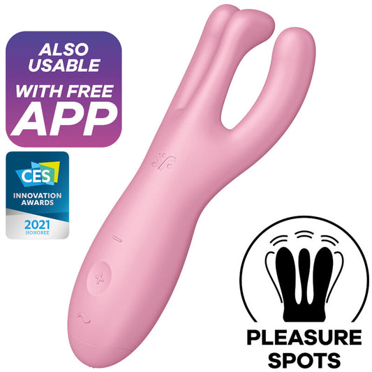 Satisfyer Threesome 4 Clitoris Vibrator with 3 Powerful Motors, 12 Programs, Satisfyer Connect App - Pink, Waterproof, Soft Silicone