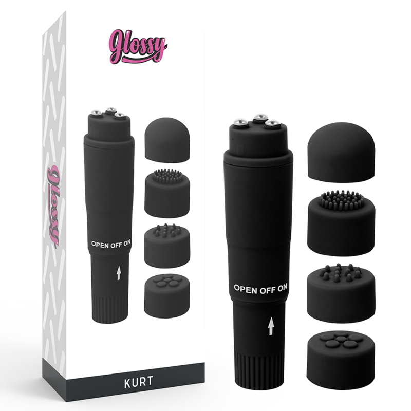 Glossy - Kurt Pocket Massager Black, Mini Massager with 4 Soft Heads, Dimensions 10.7 cm, Waterproof, Silent