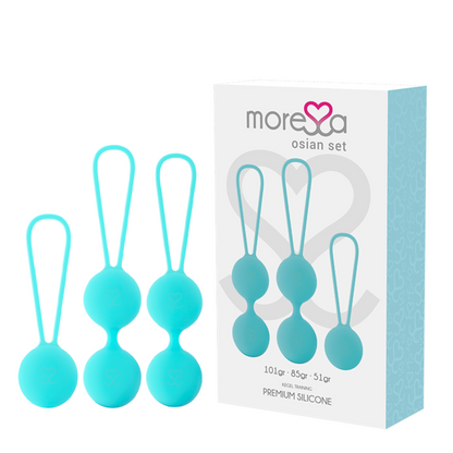 Moressa Osian Premium Turquoise Silicone Kegel Ball Set, Weight Osian One 51g, Osian Two 85g, Osian Three 101g, Recommended by Midwives and Gynecologists, 2 Year Warranty