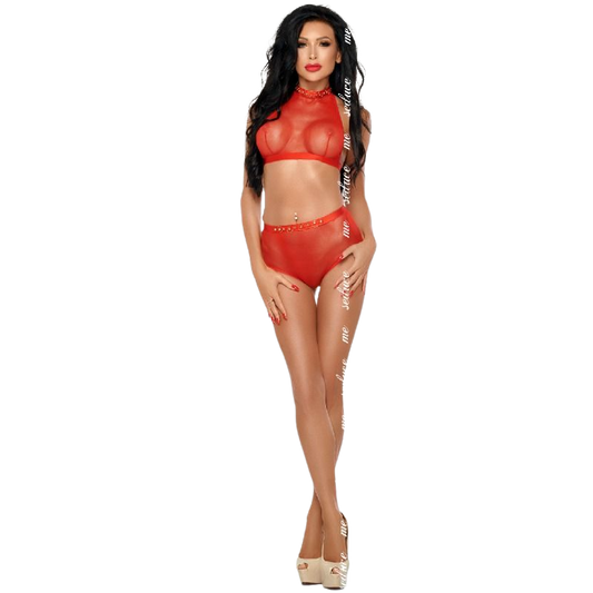 Me-Seduce Set - Mona Set Red L/XL, High Waist Panties and Crop Top, Gold Braiden Elements, Composition 90% Polyester / 10% Elastane