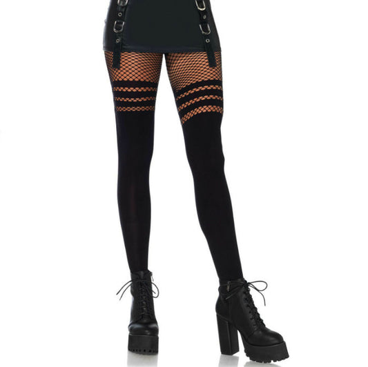 Leg Avenue Hosiery - Opaque Pantyhouse with Fishnet Stripes