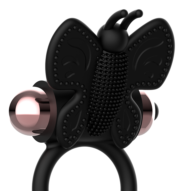 Coquette Chic Desire - Butterfly Cock Ring With Vibrator Black/Gold, Soft and Durable Silicone, Strong Vibrating, IPX6, Size 82 x 41MM, With Gold Bag Included