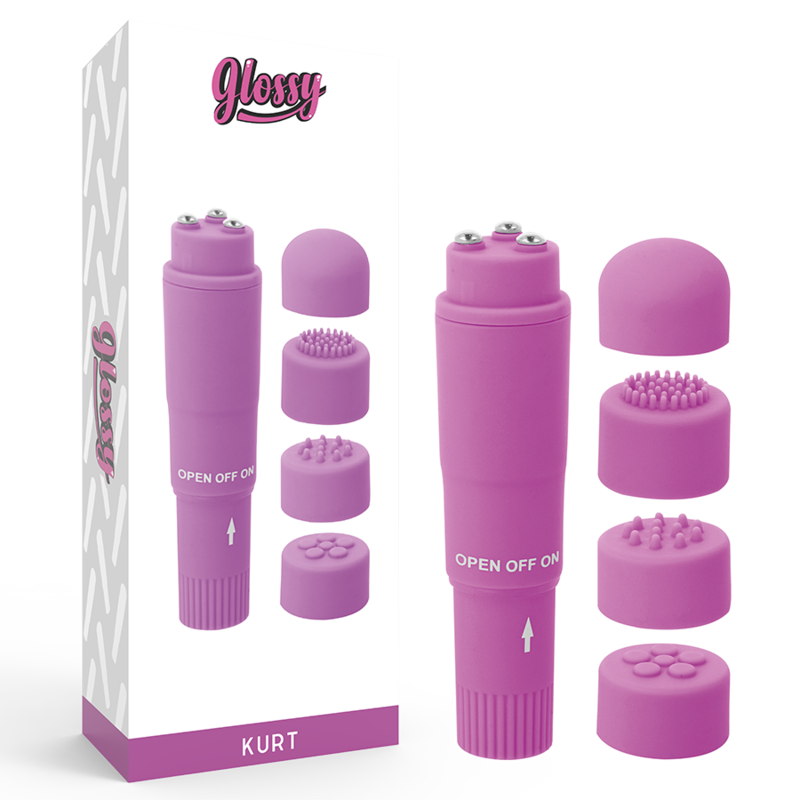 Glossy - Kurt Purple Pocket Massager, Mini Massager with 4 Soft Heads, Size 10.7cm, Waterproof, Silent