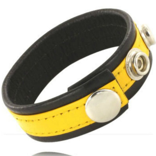 Leather Body - Leather Penis and Ball Strap with Staples - Black and Yellow