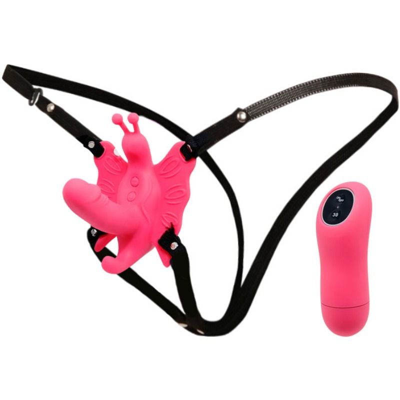 Baile Stimulating - Ultra Passionate Butterfly Harness With Remote Control, Silicone Vibrator with 10 Vibration Functions, Deep Red