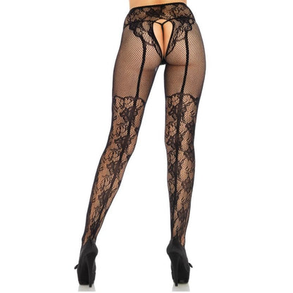 Leg Avenue Hosiery - Fleur de Lace Illusion Strap Tights, Crothless Back Floral Design