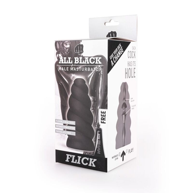 All Black - Flick Spiral Masturbator with Unique Texture, 17 cm, Safe TPR Material