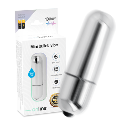 Online Mini Silver - Mini Bullet Vibrator with 10 Vibration Modes, Waterproof, Body Safe Material