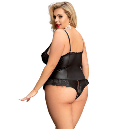 Queen Lingerie - Teddy with Leather and Lace Stitching, Plus Size