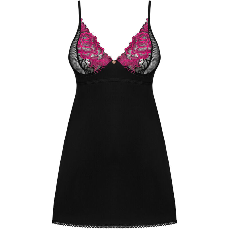 Obsessive Chemise - Black Rosenty Chemise and Thong, Elegant Design with Lace and Roses