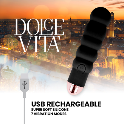 Dolce Vita - Six Black Rechargeable Vibrator with 7 Vibration Modes, Soft Silicone, 13cm Length