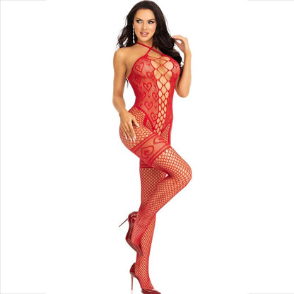 Leg Avenue Bodystockings - Red Hearts Halter Neck Bodystocking on Red Background