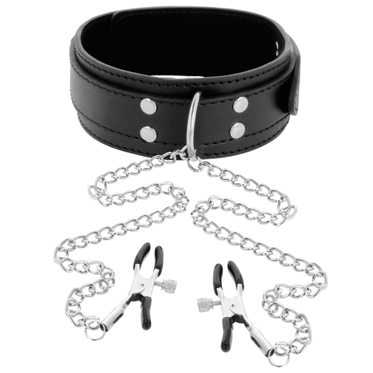 Darkness Bondage - Black PVC Leather and Metal Nipple Clamps Necklace