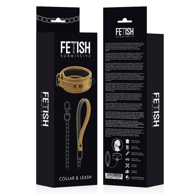 Fetish Submissive Origin - Vegan Leather, Neoprene and Nickel Free Metal Chain Collar and Handcuffs Set