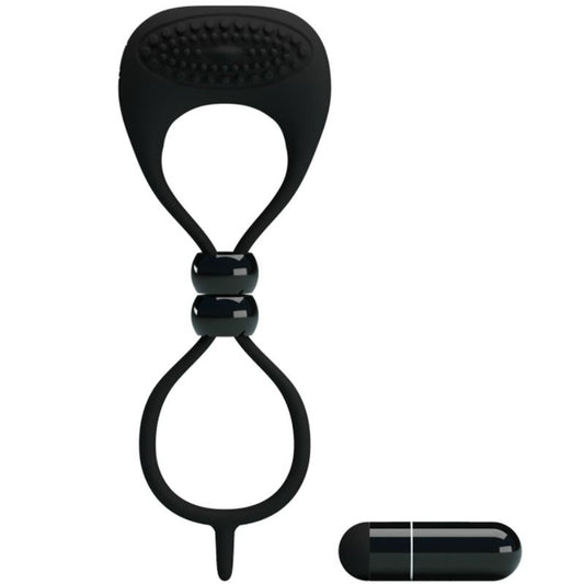 Pretty Love Male - Double Penis and Testicles Ring with Vibrator, Material Silicone and ABS, Vibration Mode, Color Black, Various Measurements