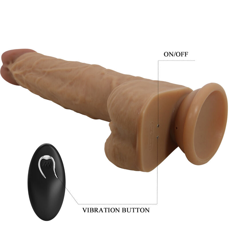 Baile Dildo - Jonathan Silicone Dildo with 3 Vibrations + 3 Thrusting Functions, Remote Control, Powerful Suction Cup, Rechargeable, 21 cm, ABS Silicone, Light Brown