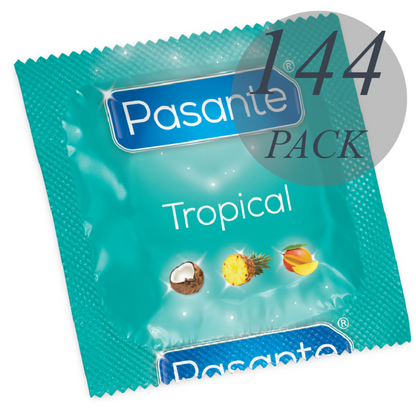 Pasante - Condoms Tropical Flavors 144 Units, Flavors: Mango, Pineapple, Coconut, Width 53 mm, Length 190 mm, No Spermicide, Marked with Kitemark, CE Mark