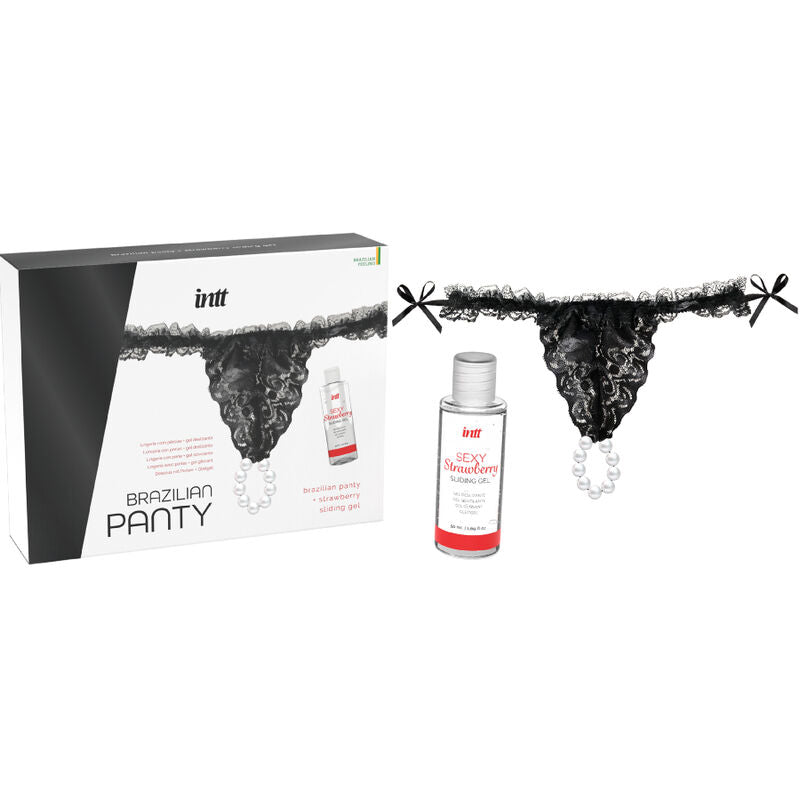 Intt Releases - Black Brazilian Panties With Pearls and Strawberry Lube Gel, 50ml