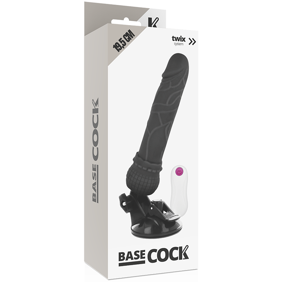 Basecock - Realistic Vibrator With Remote Control Black 19.5cm, 12 Vibration Modes, Silky TPE Material, Free Palate