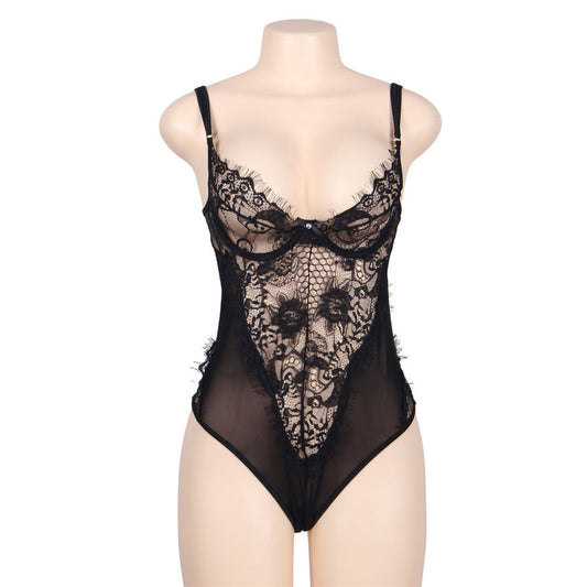 Subblime Queen Plus - Black Teddy With Floral Lace And Fringe, Queen Plus Size