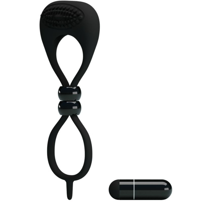 Pretty Love Male - Double Penis and Testicles Ring with Vibrator, Material Silicone and ABS, Vibration Mode, Color Black, Various Measurements