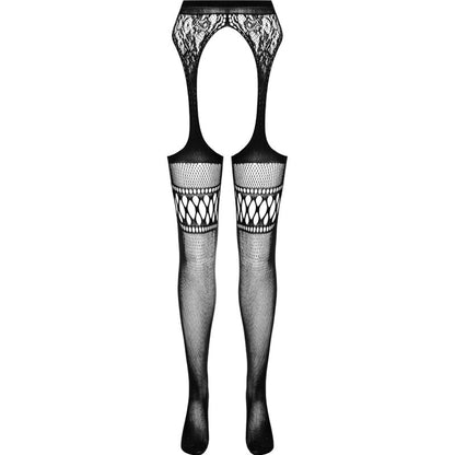 Passion Woman Garter &amp; Stock - Black Strip Panty With Elegant Print, One Size