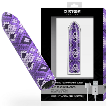 Custom Bullets - Purple Snake Rechargeable Magnetic Bullet 10 Intensities, Compact Mini Massager with 10 Vibration Functions, Dimensions: 6.25 x 2 cm