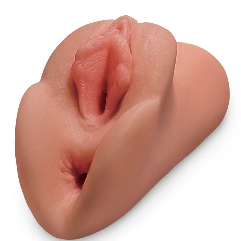 Pdx Plus+ Pussy Perfect Pussy Double Stroker - Caramelized Skin Color, Dimensions: 14.2 x 4.6 cm, Diameter: Over 7.6 cm, Insertion Length: Anal - 11.4 cm, Vagina - 10.2 cm, Material: Fanta Flesh