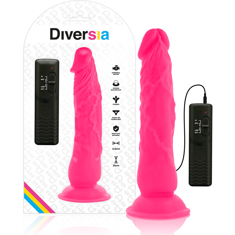 Diversia - Flexible Vibrating Dildo 21cm - Pink, Remote Control, Harness Compatible, Waterproof