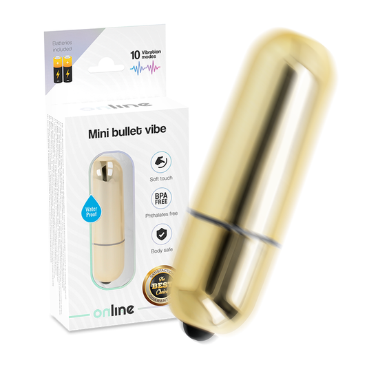 Online Mini Gold - Mini Bullet Vibrator with 10 Vibration Modes, Waterproof, Body Safe Material