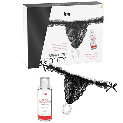 Intt Releases - Black Brazilian Panties With Pearls and Strawberry Lube Gel, 50ml