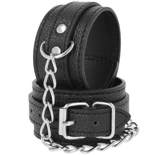 Darkness Bondage - Textured Black Leather Handcuffs, Adjustable Wrist Cuffs Set